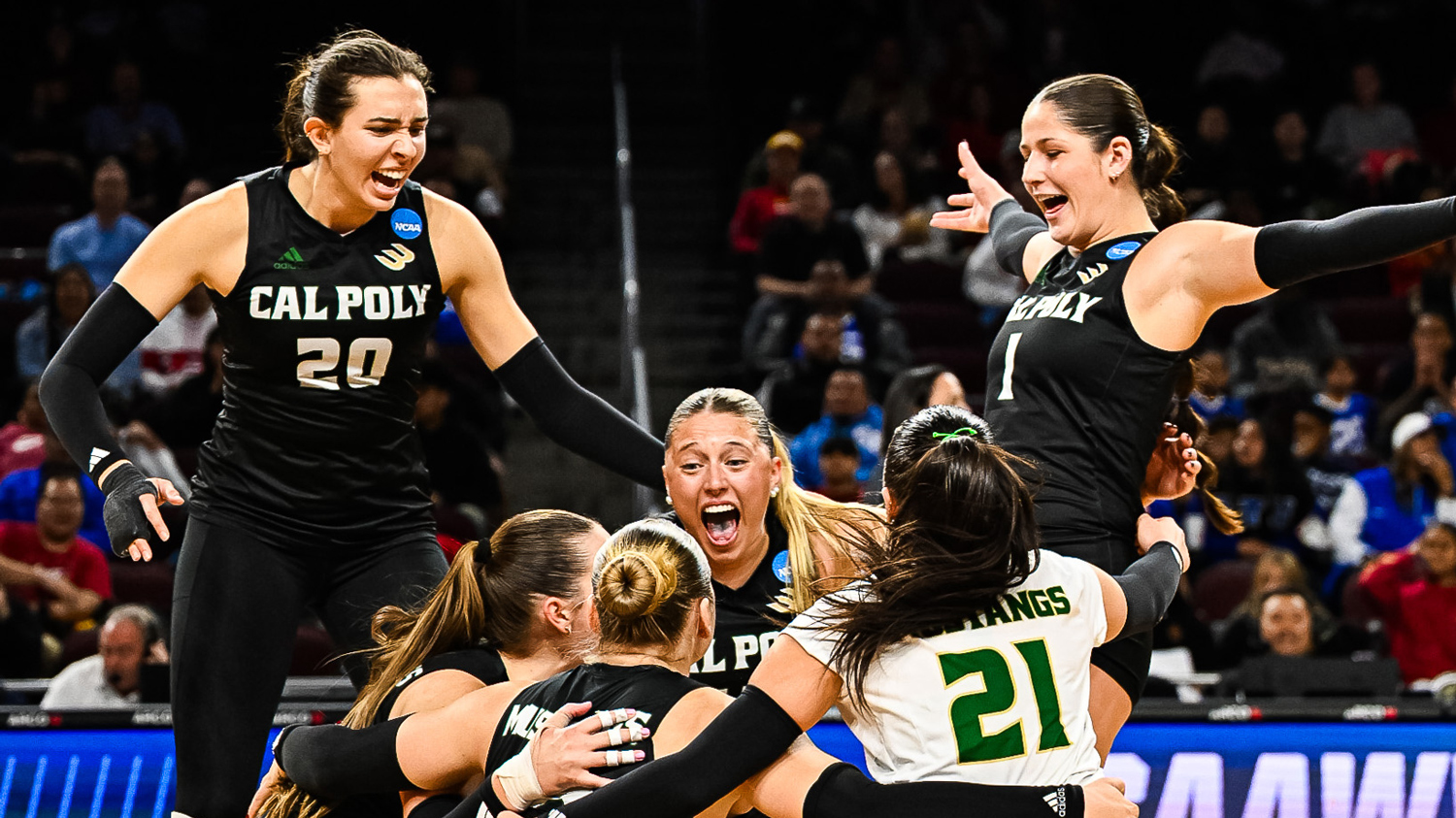 Members of the Cal Poly Volleyball team celebrate a win on the court while wearing black uniforms