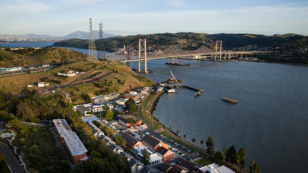 The Cal Poly Maritime Academy campus with the bay in the background.