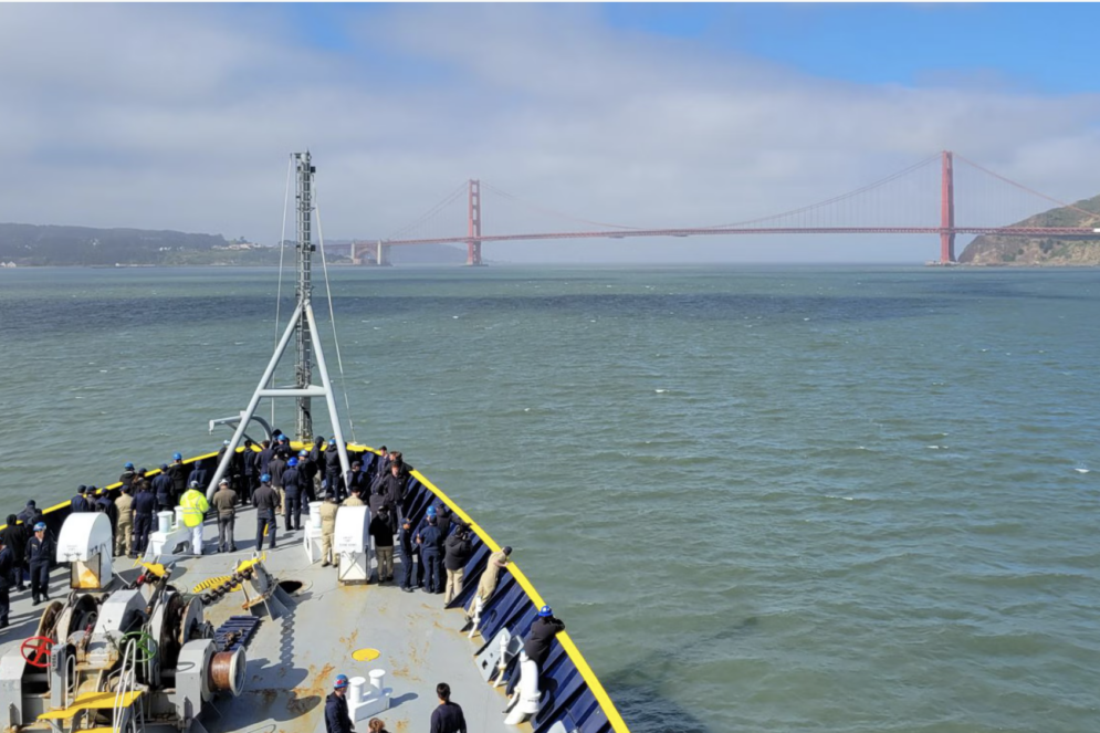 The view of the Golden Gate Bridge from the bow of Training Ship Golden Bear.