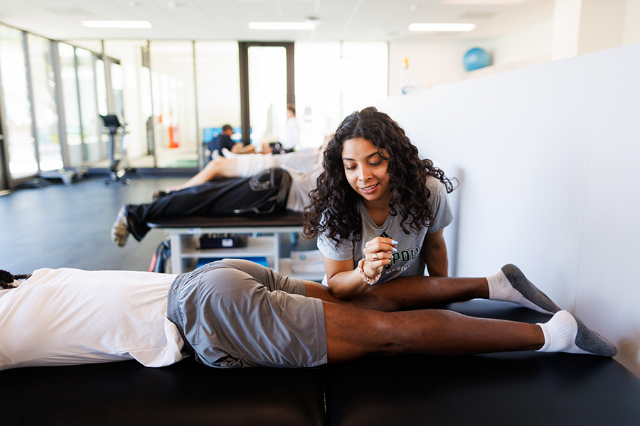 An athletic trainer provides treatment to a football player's hamstring in the Madden Center training room