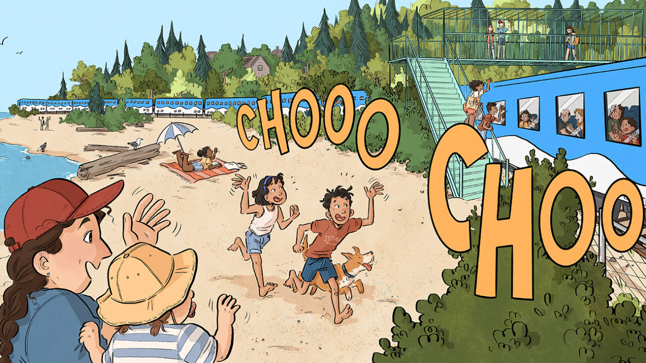 A whimsical illustration of children running along a beach following a nearby train
