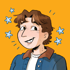 A whimsical illustration of a young woman on a yellow background