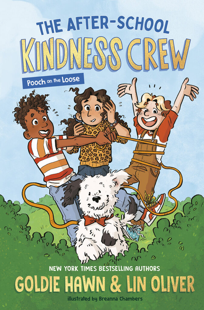 The illustrated cover of a book called The After School Kindness Crew, featuring three children chasing a dog