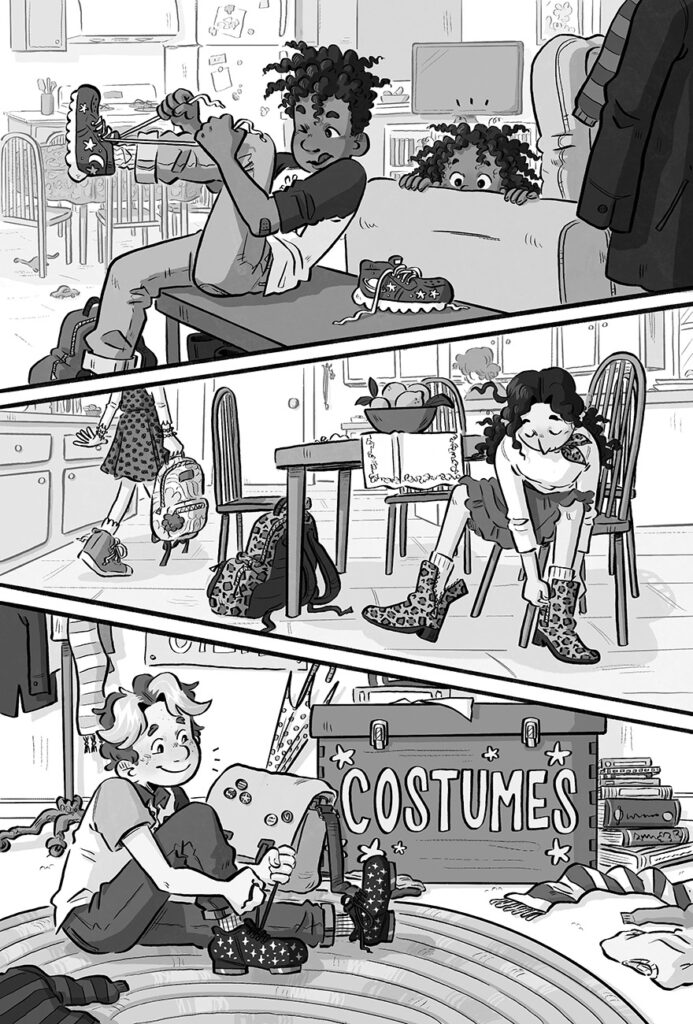 An illustrated comic book-style page featuring three panels of children putting on their shoes