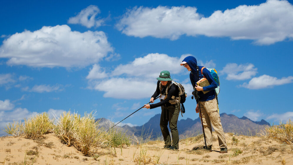 Two biologists use walking sticks to explore the Mojave Desert during a field biology excursion.