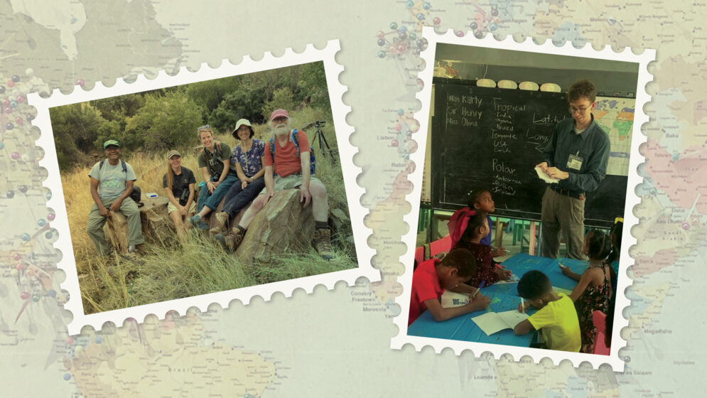 A map illustration with two inset photos of biologists in the field and a student teacher at the head of a class in Guyana.