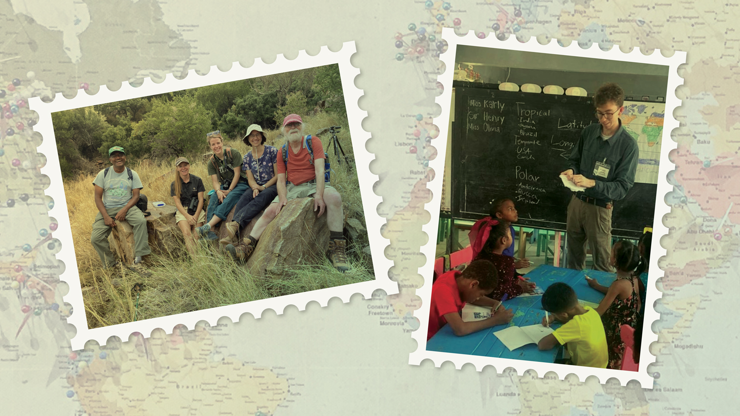 A map illustration with two inset photos of biologists in the field and a student teacher at the head of a class in Guyana.