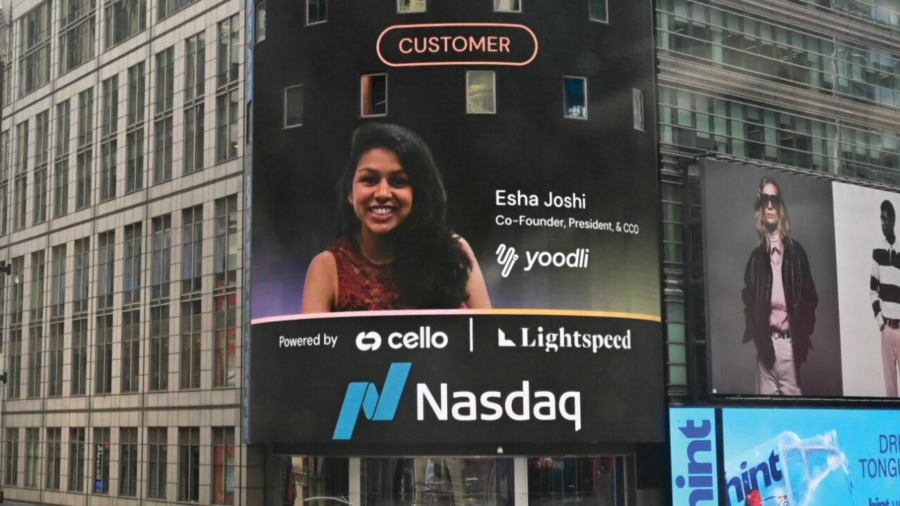 Esha Yoshi appears on the NASDAQ billboard in New York
