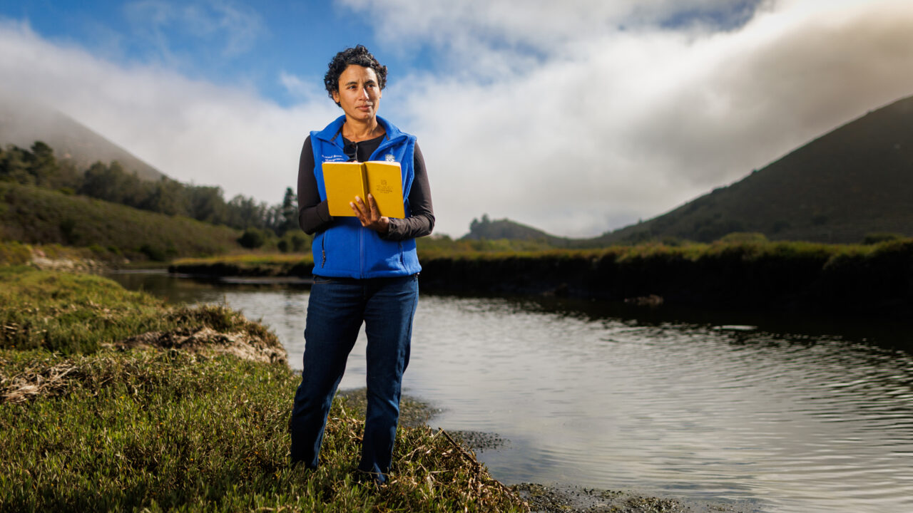 A faculty member in a blue vest holds a yellow notebook while standing in an estuary